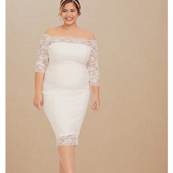 TORRID wedding/Special Occasion Ivory Lace Off Shoulder Bodycon Dress NWT - Picture 1 of 8